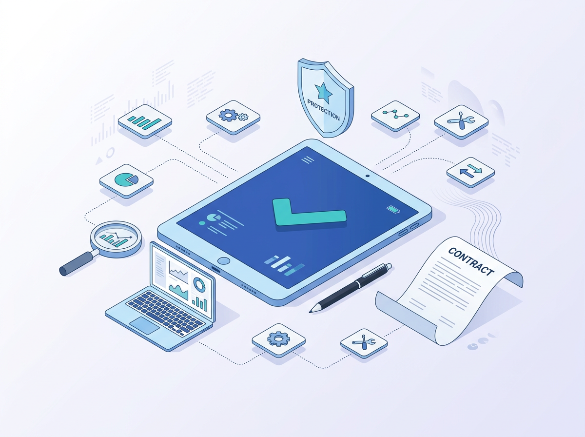 Isometric illustration of a tablet, contract document and analysis tools representing maintenance planning